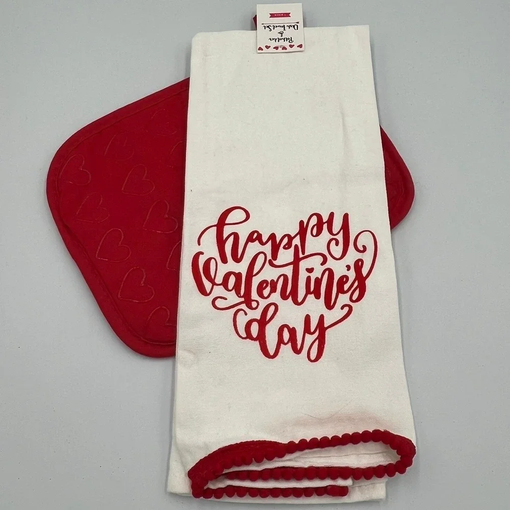 Always First Potholder Dish Towel Set Red White New Valentine Heart